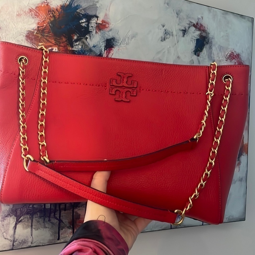 Tory Burch Red Leather Tote Gold Chain Strap Shoulder Bag Large Logo